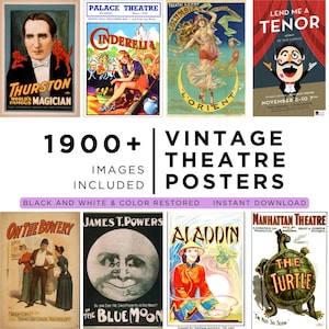 Puede incluir: Una colección de carteles de teatro vintage. Los carteles presentan ilustraciones coloridas y texto, incluyendo títulos como "Thurston", "Cenicienta" y "Aladdín". La imagen incluye el texto "1900+ Imágenes Incluidas" y "Carteles de Teatro Vintage".
