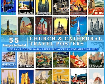 Pode incluir: Uma coleção digital de 55 cartazes de viagem em estilo vintage apresentando várias igrejas e catedrais de todo o mundo. A colagem exibe ilustrações coloridas de marcos em cidades como Milão, Lausanne e Florença com sobreposições de texto.