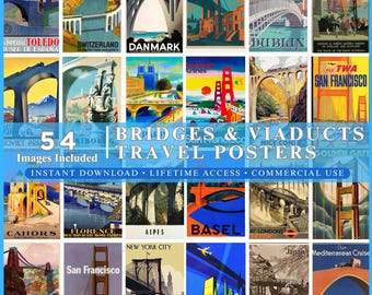 Pôsteres de Viagem com Pontes e Viadutos, Pacote de Anúncios Turísticos Retrô, Arte de Parede para Imprimir, Decoração para Casa, Licença Comercial, Download Digital