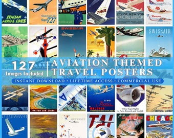 Pode incluir: Uma coleção digital de 127 cartazes de viagem com tema de aviação, apresentando vários aviões, logotipos de companhias aéreas e destinos globais. A grade exibe ilustrações coloridas de aeronaves em voo, cenas de aeroportos e texto.