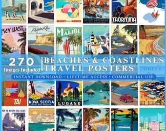 Pode incluir: Uma coleção digital de 270 cartazes de viagem apresentando vários destinos costeiros e praias em todo o mundo. A grade exibe ilustrações coloridas de pontos turísticos, paisagens marinhas e locais de férias com etiquetas de texto.