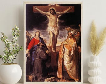 Pode incluir: Impressão emoldurada de uma pintura religiosa retratando a crucificação de Jesus. A obra apresenta figuras em vestes, com Jesus na cruz. A paleta de cores inclui marrons, vermelhos e dourados, criando uma estética clássica.