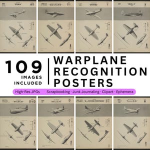 109 Warplane Posters WWII Clipart Scrapbooking Ephemera Printable Military Aircraft Recognition Art Junk Vintage Bundle Journal Airplane