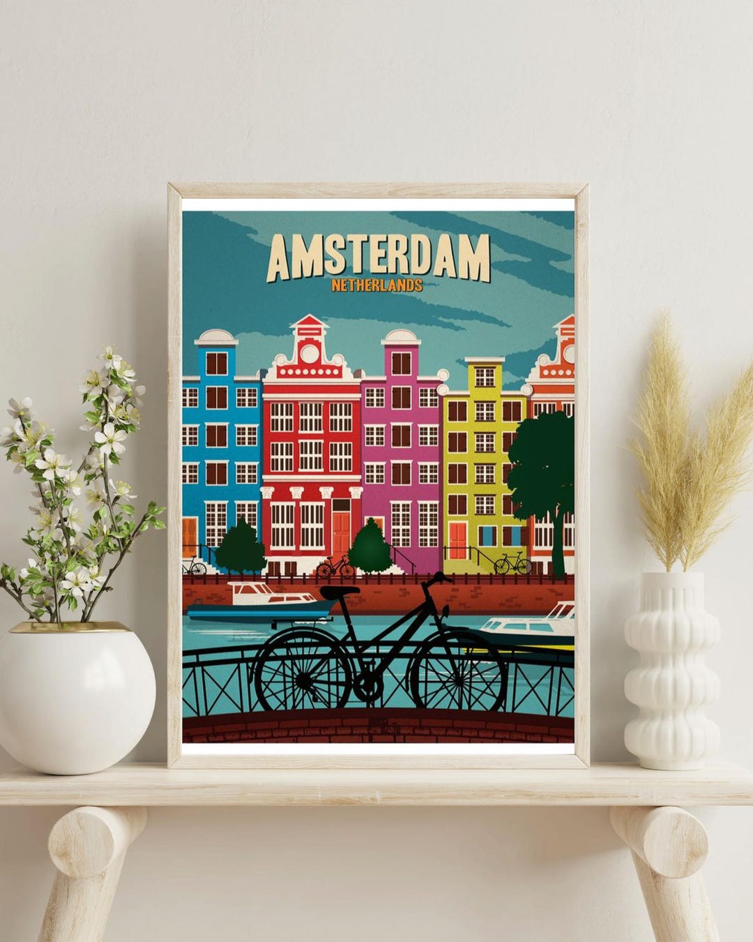 Amsterdam Travel Poster Print Netherlands Vintage Wall Art Colorful ...