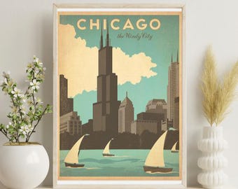 Chicago Illinois Skyline Retro Travel Poster The Windy City Lake Sailing Architecture Wall Art Digital Download Gift JPG