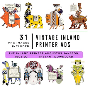Peut inclure: Une collection de publicités vintage Inland Printer de 1903-07, présentant des illustrations colorées d'animaux et de personnages. L'image comprend le texte "31 images PNG incluses" et "Vintage Inland Printer Ads".