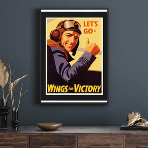 Wings for Victory Let’s Go WWII War Poster Vintage Aircraft Propaganda Printable Military Art Download RAF Plane Patriotic Wall Print Gift