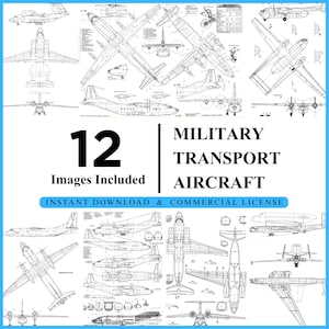May include: A collection of 12 detailed black and white illustrations of military transport aircraft. The image includes various views and blueprints of different plane models, with text that reads "MILITARY TRANSPORT AIRCRAFT" and "INSTANT DOWNLOAD & COMMERCIAL LICENSE."