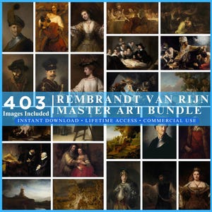 Puede incluir: Una colección digital de 403 pinturas de Rembrandt van Rijn que presenta varios retratos, escenas históricas y paisajes. La imagen incluye el texto 403 REMBRANDT VAN RIJN MASTER ART BUNDLE, INSTANT DOWNLOAD, LIFETIME ACCESS, COMMERCIAL USE.