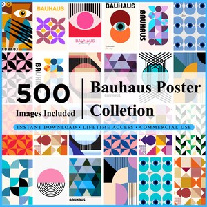 May include: A collection of 500 Bauhaus posters featuring geometric designs and bold colors. The posters include eye motifs, abstract shapes, and the word "Bauhaus". The collection is available for instant download.