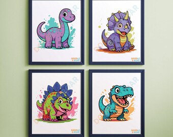 Personalized Dinosaur Wall Art – Printable Nursery Decor | Kids Room Digital Download, T-Rex, Stegosaurus, Triceratops Art Set