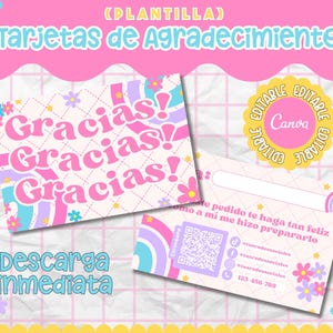 Puede incluir: Plantilla de tarjeta de agradecimiento rosa pastel con la palabra "Gracias" repetida. El diseño incluye flores, arcoíris y el texto "Descarga inmediata". La tarjeta es editable en Canva.