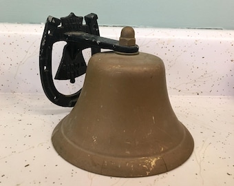 Vintage Bevin Brass Dinner Bell, Horseshoe Cast Iron Mount, Farmhouse Decor