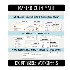 Piggy Bank Money Math PDF | Learning US Coins Worksheets | 1st 2nd Grade Counting Activity | Skip Counting Nickels Dimes Quarters Printable