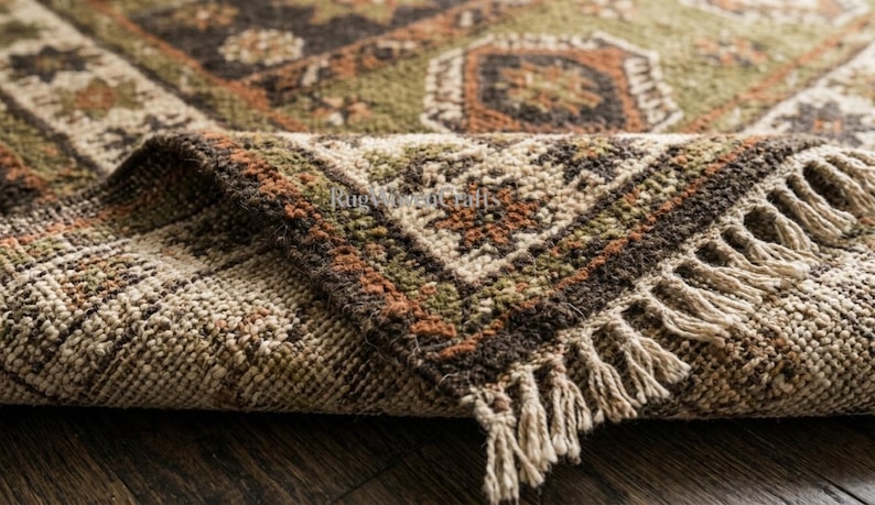 May include: A woven area rug featuring a folded corner that reveals a textured surface with a geometric pattern in shades of olive green, dark brown, and burnt orange. The rug has a cream-colored fringe along the edge and the text RugWoodCrafts.