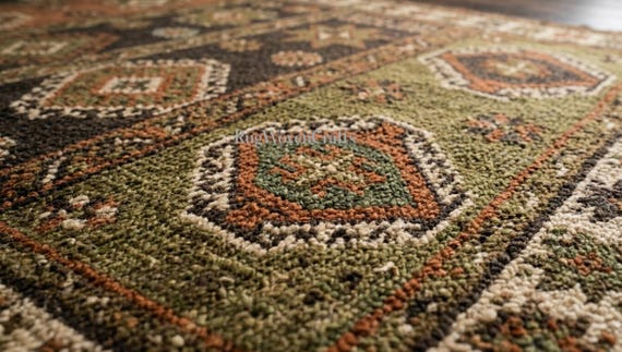 Turkish Oushak Rug, Hand Knotted Geometric Area Rug, Vintage Tribal Wool Carpet, Boho Persian Style Rug, Olive Green Rust