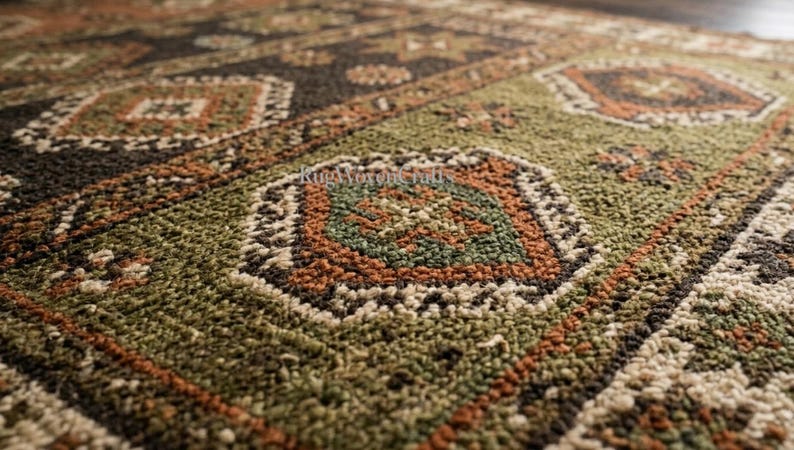 May include: A textured area rug featuring a repeating geometric pattern in shades of olive green, dark brown, cream, and burnt orange. The surface has a thick, looped pile construction with distinct diamond-shaped motifs and linear borders.