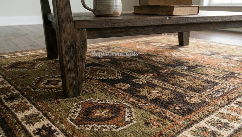 May include: A rectangular area rug featuring a repeating geometric pattern in shades of olive green, dark brown, and burnt orange. The rug is positioned beneath a dark brown wooden coffee table with a ceramic mug and two stacked books on top.