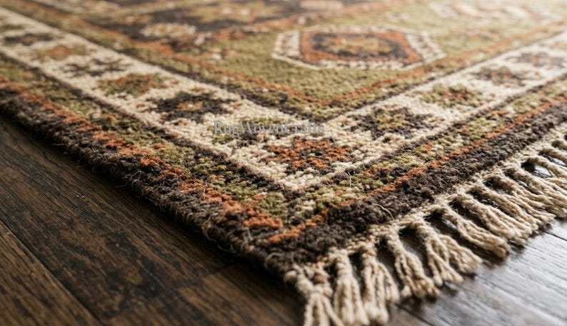 May include: A rectangular area rug featuring a woven pattern in shades of dark brown, olive green, and cream. The rug has a decorative border with geometric star-like motifs and a fringe edge made of thick, light-colored twisted yarn tassels.