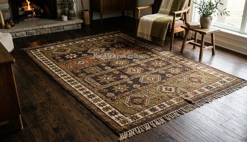 May include: A rectangular area rug featuring a dark brown, olive green, and burnt orange geometric pattern with repeating star and diamond motifs. The rug has a decorative border and short fringe along the edges, with the text RugHavenCraft visible.