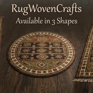 May include: Three rugs in runner, circular, and rectangular shapes featuring a dark brown, olive green, and rust orange geometric pattern with fringe edges. The text RugWovenCrafts Available in 3 Shapes is visible above the rugs.