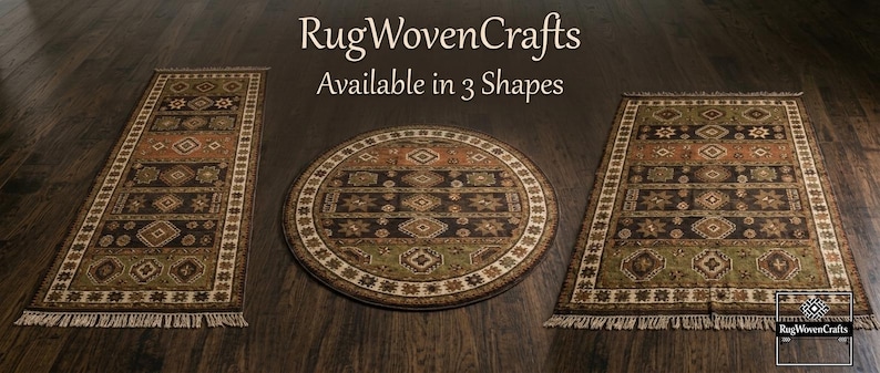 May include: Three rugs in runner, circular, and rectangular shapes featuring a dark brown, olive green, and rust orange geometric pattern with fringe edges. The text RugWovenCrafts Available in 3 Shapes is visible above the rugs.