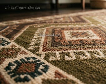 May include: A wool rug featuring a geometric pattern in shades of olive green, brown, cream, and dark blue. The surface has a textured, looped pile construction. The text MW Wool Texture - Close View and RugWovenCrafts are visible on the rug.
