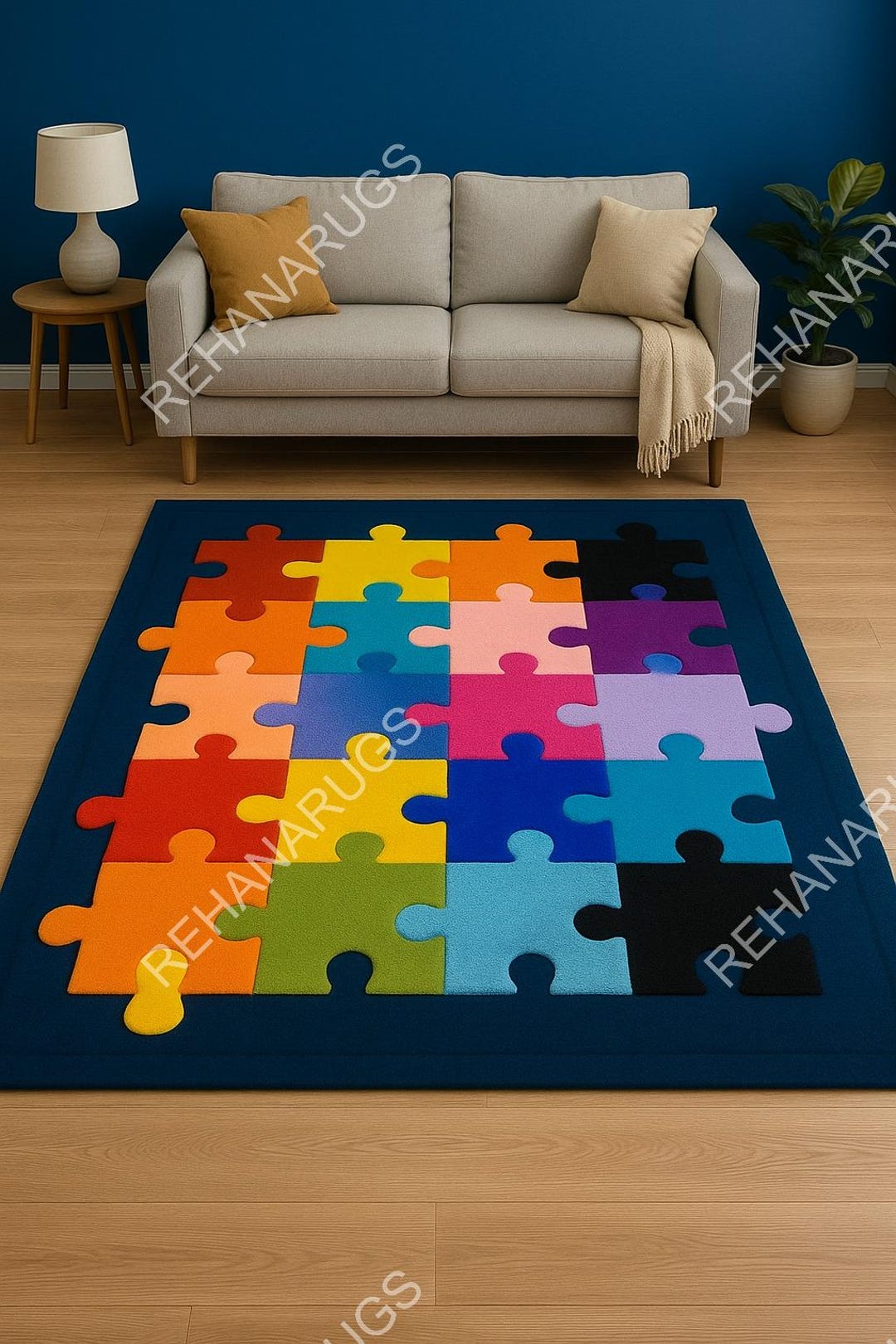 Modern Puzzle Rug Handmade Wool Rug Colorful Puzzle Piece Rug, Autism Awareness Area Rug ...