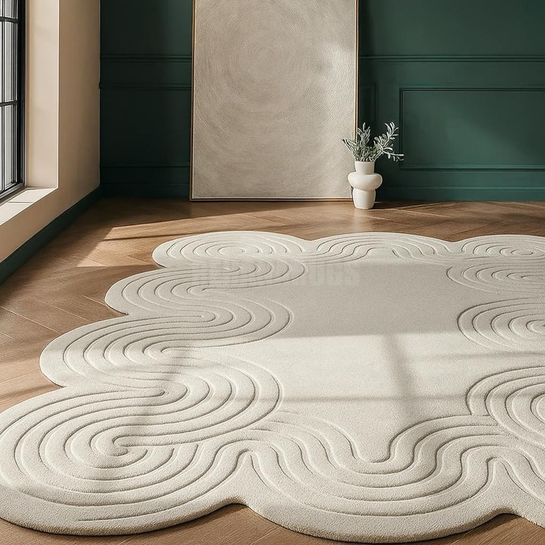 Handmade Modern Abstract Area Rug – Cream Sculpted Textured Carpet for ...