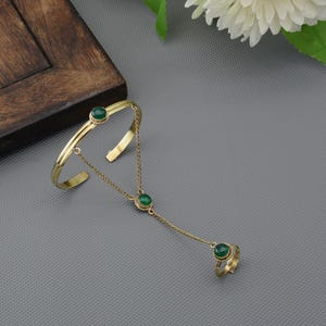 Green Stone Slave Bracelet – Boho Hand Chain with Ring, Gold Tone Cuff and Finger Bracelet, Festival Jewelry for Women