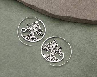 Tree of Life Silver Hoop Earrings, Boho Spiral Earrings, Celtic Tree Jewelry, Tribal Oxidized Silver Statement Earrings