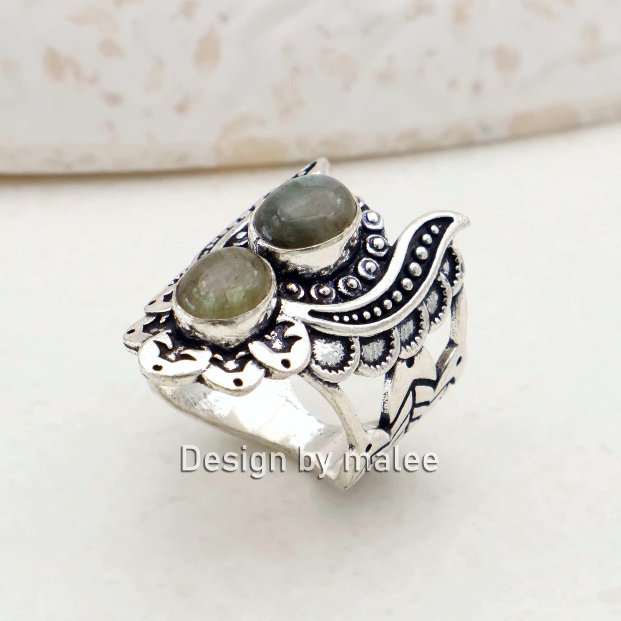 Labradorite Ring, Handmade Double Gemstone Ring, Gift for Her