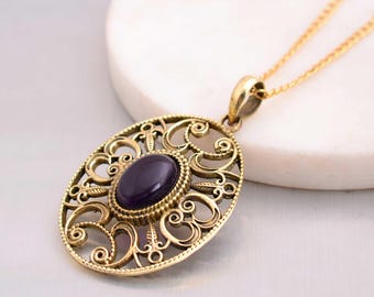 Vintage Gold Filigree Amethyst Pendant Necklace, Oval Purple Stone Necklace, Antique Style Jewelry, Gift for Her