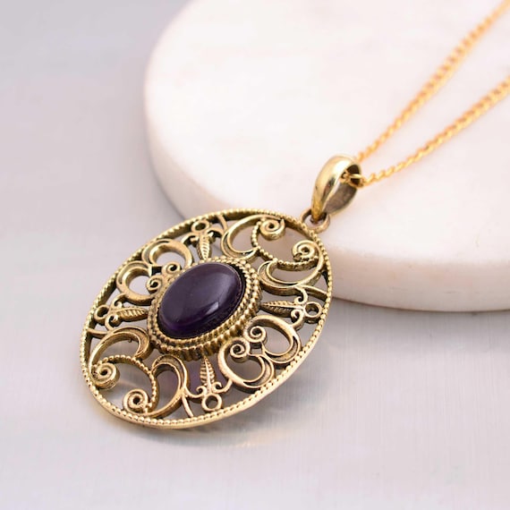 Collier Vintage En Métal Doré Avec Cristal Violet - Style Améthyste, Occasion F150