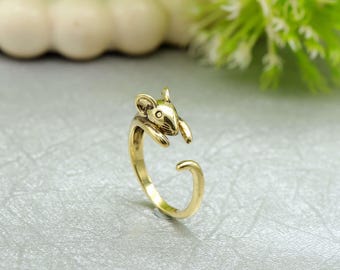 Anello topo in oro, anello regolabile con animale, anello ratto minimalista, grazioso gioiello con animale, regalo fatto a mano per gli amanti degli animali