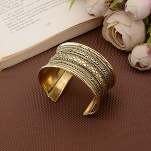 Wide Brass Cuff Bracelet, Tribal Engraved Bangle, Boho Statement Jewelry, Adjustable Handmade Gift for Her
