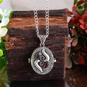 Vintage Silver Locket Necklace With Red Garnet Gemstones, Oval Engraved Pendant, Boho Handmade Jewelry, Unique Gift For Her