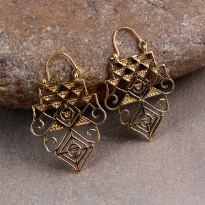 Brass Geometric Dangle Earrings, Hamsa Inspired Ethnic Jewelry, Lightweight Boho Drop Earrings, Tribal Statement Earrings For Women