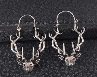Deer Antler Earrings, Stag Head Dangle Earrings, Silver Deer Jewelry, Gothic Woodland Earrings, Nature Inspired Statement Earrings