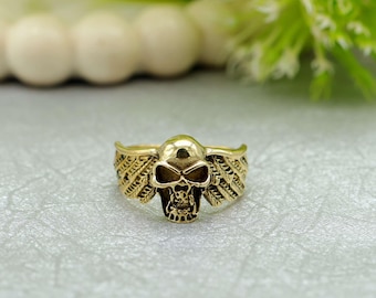 Skull Wing Ring, Gothic Skull Ring, Biker Ring for Men, Vintage Brass Skull Jewelry, Punk Rock Statement Ring