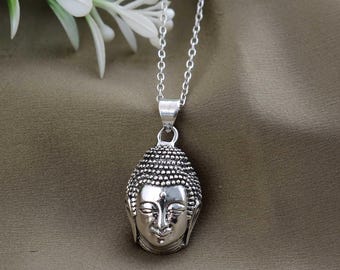 Buddha Head Pendant Necklace | Silver Tone Spiritual Necklace | Meditation Jewelry | Buddhist Gift | Zen Mindfulness Necklace