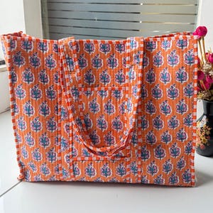 New Style Two Pocket Tote Bag, Cotton Quilted Orange Floral Shopping Bag – Eco Friendly Shoulder Bag, Personalized Gift For Her,