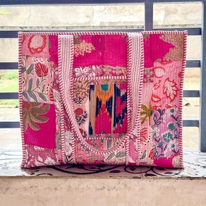 Indian Handmade Vintage Patch Work Tote Bag | Cotton Quilted Block Print Tote Bag Gift For Her Christmas Bag