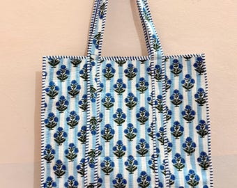 Indian Handmade Cotton Quilted Tote For Shopping, Hand Block Print Custom Storage Bag, Personalized Gift, Shoulder Carry on For market/Bags