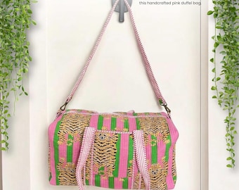 Handmade Quilted Duffle Bag: Pink Green Tiger Print Cotton Weekender