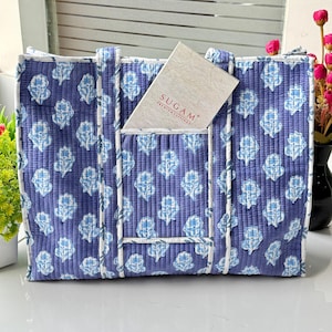 Quilted Cotton Tote Bag, Handmade Block Print Tote, Large Travel Bag, Boho Carry-All, Gift for Her, Bohemian Quilted Tote, Weekend Tote
