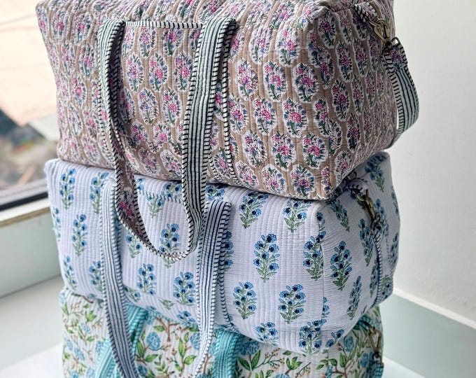 Floral Quilted Cotton Duffle Bag Handmade Quilted Duffle Bag | Block Print Cotton Travel Bag | Weekender Overnight Bag | Carry-On Luggage