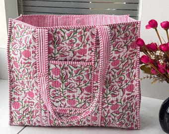 Indian Handmade Cotton Quilted Tote For Shopping, Hand Block Print Custom Storage Bag, Personalized Gift, Shoulder Carry on For market/Bags