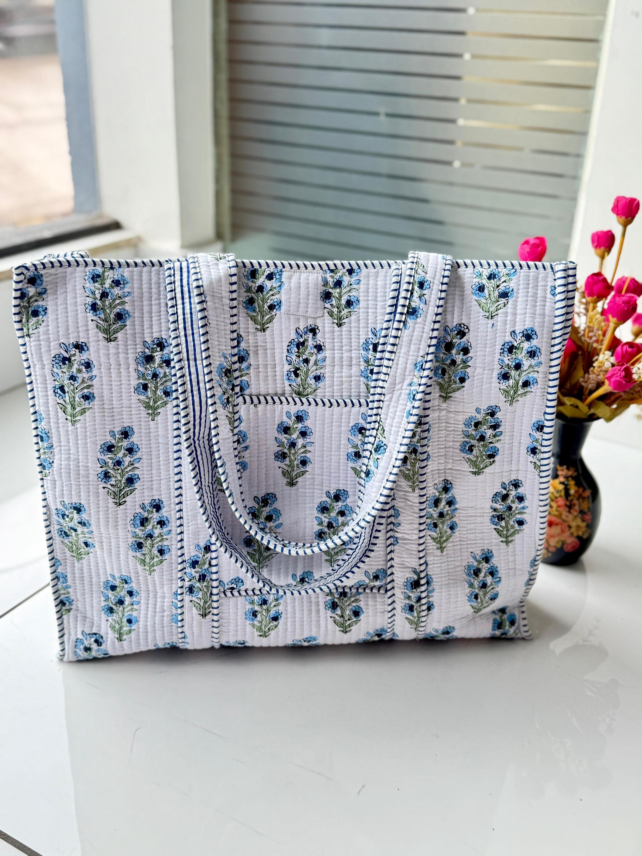 Quilted Cotton Tote Bag Blue Floral Block Print Shoulder Bag Handmade Eco Shopper Reusable Everyday Bag Reusable Market & Beach Bag