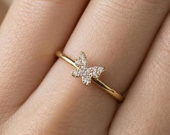 Gold Butterfly Ring, 925 Sterling Silver CZ Ring, Dainty Stacking Ring, Adjustable Minimalist Jewelry, Gift for Her